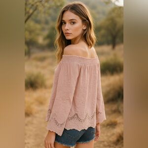 🌸 Lovestitch Embroidered Blush Off-Shoulder Top – Size M